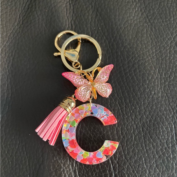 Pink Butterfly Letter C Bag Charm Keychain - Picture 3 of 4